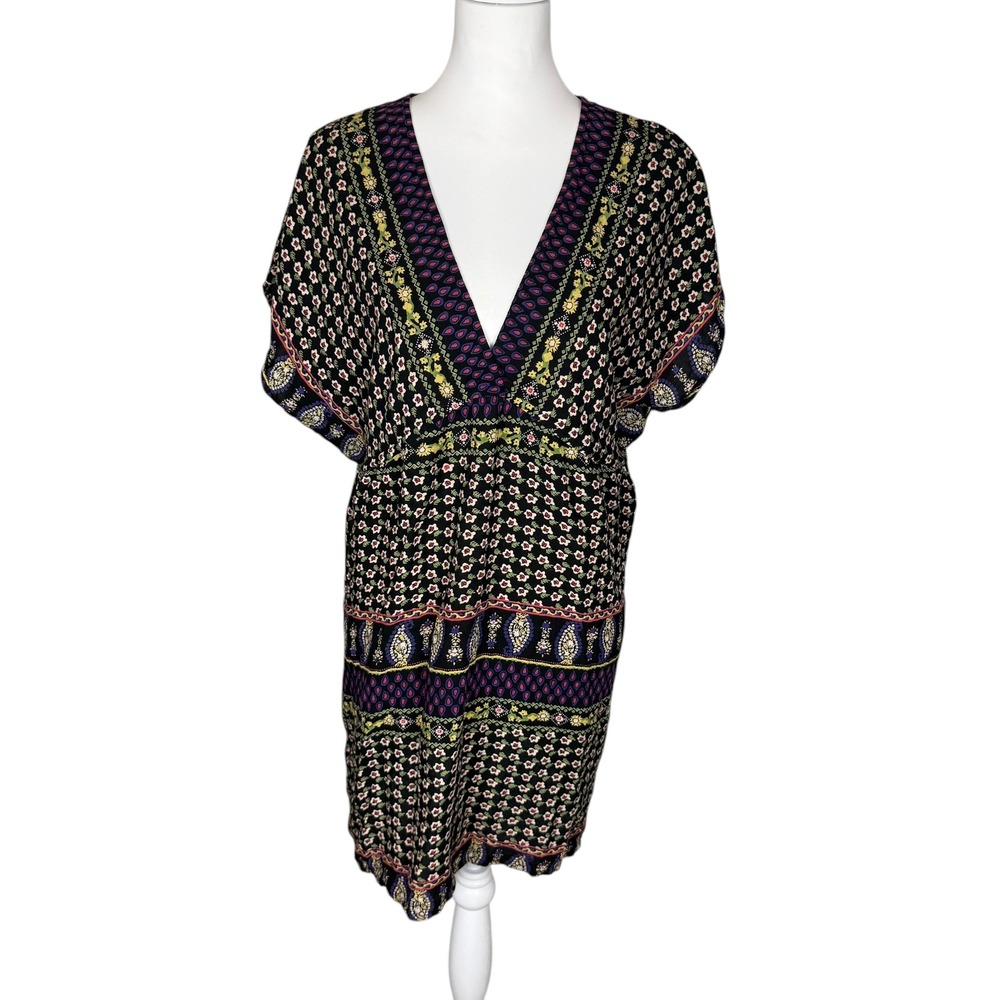 Angie Womens Boho Floral Paisley V-Neck‎ Tunic Dress Black Multicolor Small